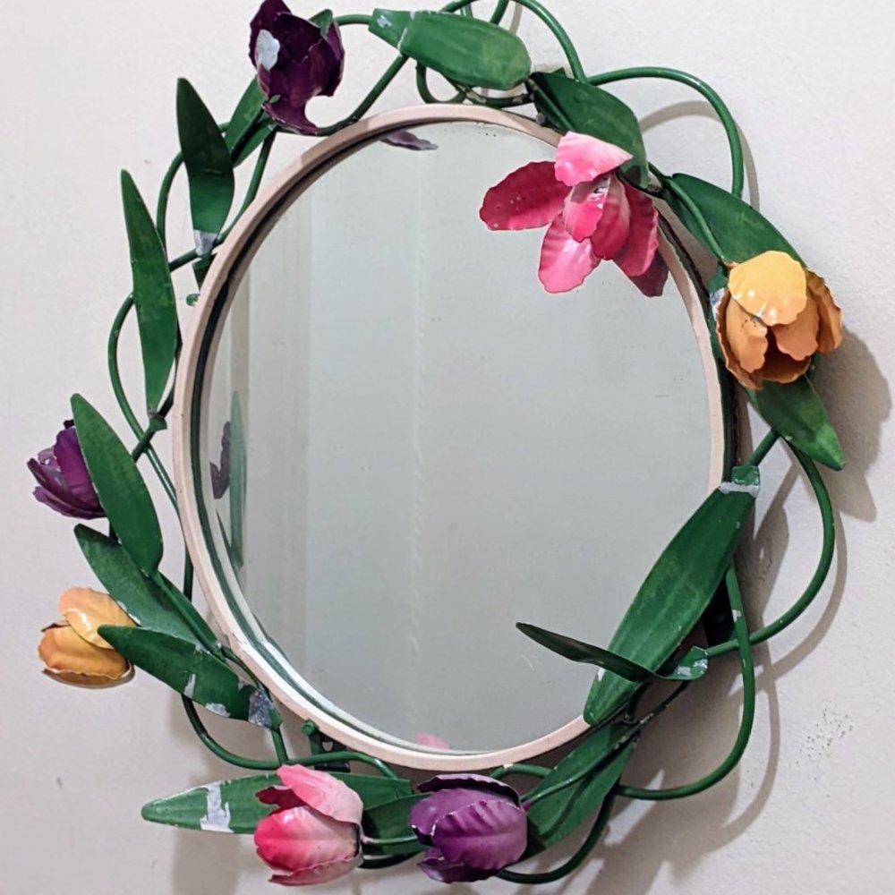 Tulip Flower and Leaves Metal Hanging Mirror